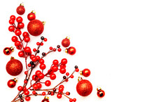 White Christmas And New Year Background With Red Christmas Balls And Berries, Top View,copy Spase