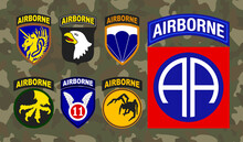 Set Of Airborne Unit Patch Isolated On Camouflage Background. Vector Illustration
