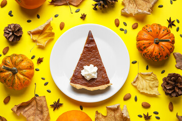 Autumn composition with piece of delicious pumpkin pie on color background