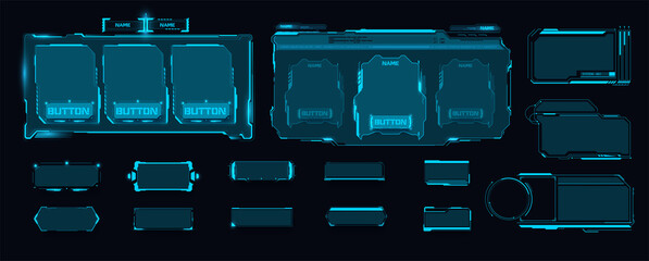 Digital frame technology template for a set of frames , buttons. Sci Fi HUD Futuristic design of game gui elements with buttons and blue border square Frames blocks  isolated on black background