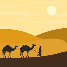 Camel With Caravan In The Desert Vector Illustration