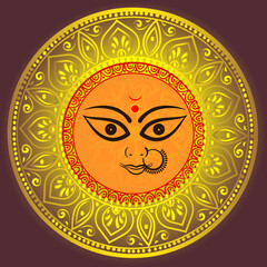 Illustration of Creative face of Maa Durga or Devi Durga on colorful decorative background with mandala on the occasion of Durga Puja or Navratri Festival. colorful illustration of goddess Durga eye.