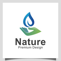 Wall Mural - hand leaf care with fresh water drop for biology spring natural logo design