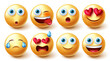 Emoji characters vector set. Smiley emojis 3d collection in cute facial expressions isolated in white background for emoticons character facial expressions graphic design. Vector illustration.
