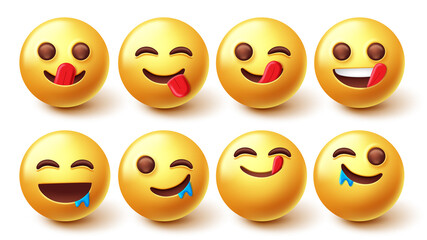 Wall Mural - Emojis yummy face character vector set. Smileys emoji 3d in licking and mouth watering for hungry, delicious and tasty emoticons facial reaction design collection. Vector illustration.
