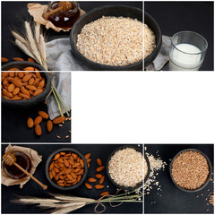 Wall Mural - Collage food of Rolled oat flakes in black bowls and golden wheat ears on dark background.