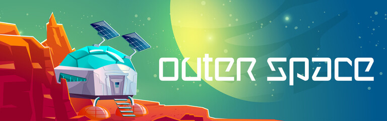 Mars surface with colony building. Outer space poster with martian base. Vector banner with cartoon futuristic illustration with space station on alien red planet