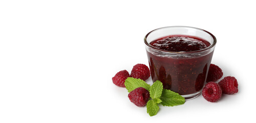 Wall Mural - Glass bowl of raspberry jam isolated on white background