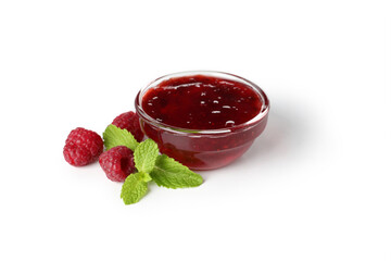 Wall Mural - Glass bowl of raspberry jam isolated on white background