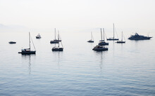 Boats And Yachts Anchored At Sea, Corfu, Greece