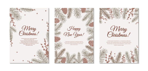 set of vertical hand drawn merry christmas and happy new year greeting cards with christmas tree bra
