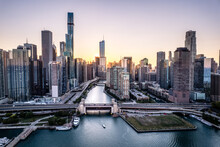 Aerial View Of Chicago River And City Skyline At Sunset, Chicago, Illinois, USA