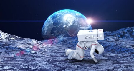 Wall Mural - astronaut tripping and falling down on planet surface. planet earth on background. space and technol
