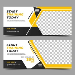 Set of Gym, fitness, workout, sport horizontal banner template design. Editable modern banner with black and yellow shape and place for the photo.