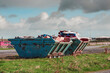 Two old rusty metal skip full of rubbish in a green field ready for collection. Selective focus. Cloudy sky in the background. Park maintenance concept