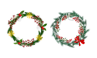 Wall Mural - Set of Christmas wreaths decorated with red bow, berries and snowflakes vector illustration