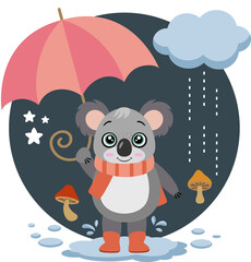 Canvas Print - Illustration of little koala with umbrella rain