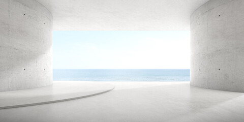 Fototapete - 3d render of empty concrete room with large terrace on the sea background.