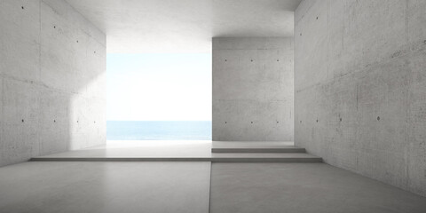 Wall Mural - 3d render of empty concrete room with large window on the sea background.