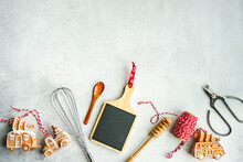 Overhead View Of Christmas Gingerbread Cookies With Kitchen Equipment And Utensils To Make Decorations