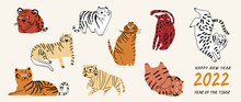 Cute Tiger Doodle Vector Set. Cartoon Tiger Characters Design Collection With Flat Color In Different Poses. Happy Chinese New Year Greeting Card 2022 With Cute Tiger.