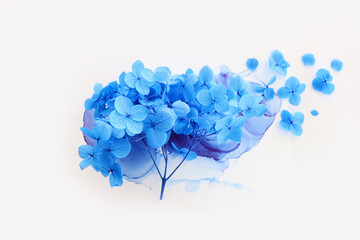 Wall Mural - Creative image of blue Hydrangea flowers on artistic ink background. Top view with copy space