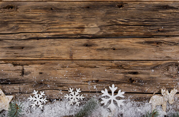 Wall Mural - christmas decoration on wooden background, lots of copy space for product or text.