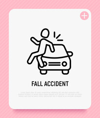 Wall Mural - Fall accident thin line icon. Pedestrian is hitten by a car. Modern vector illustration of road safety.