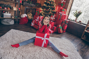 Sticker - Photo of beautiful impressed young woman dressed red sweater holding new year gift box hands cheeks smiling indoors room home house