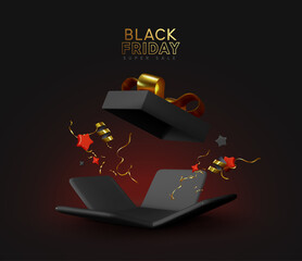 Wall Mural - Black Friday sale. Realistic 3d template of open gift boxes. Dark gift box with gold confetti. New Year and Christmas design. Xmas decorative surprise object. Present birthday. vector illustration