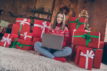 Canvas Print - Photo of lovely lady sit boxes floor typing netbook congratulating email wear sweater in decorated x-mas home indoors