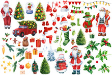 Set Winter Design Elements. Santa, Christmas Tree, Red Car And Snowmen. Watercolor Illustration Isolated On Background.
