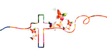 Christian Cross With Butterflies Isolated Vector Illustration. Religion Themed Background. Design For Christianity, Prayer And Care, Church Service, Communion, Charity, Help And Support
