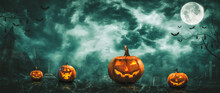 Pumpkin Zombie Rising Out Of A Graveyard Cemetery And Church In Spooky Scary Dark Night Full Moon Bats On Tree. Holiday Event Halloween Banner Background Concept.