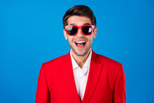 Photo Of Young Man Happy Positive Smile Amazed Shocked Omg Wow Sale News Isolated Over Blue Color Background