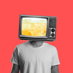 Contemporary art collage of male with TV instead head isolated over red background. Beer translation