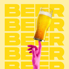 Contemporary art collage of pink male hand and glass with lager foamy beer isolated over yellow background