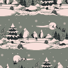 Sticker - Seamless vector pattern with winter  landscape on brown background. Christmas fun wallpaper design. Decorative festive ice skating fashion textile.