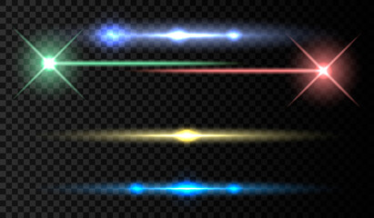 Wall Mural - Vector illustration. Horizontal lens flare set. Laser beams, horizontal light beams. Beautiful flashes of light. Glowing stripes on a dark background. Glowing abstract sparkling background with lining