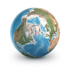 Canvas Print - planet earth globe, isolated on white. geography of the world from space, focused on north pole, arc