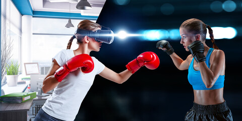 Wall Mural - Young woman boxing in VR glasses . Mixed media