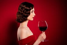 Tender Profile Side Photo Of Young Lady Look Empty Space Elegant Party Occasion Drink Wine Isolated On Red Color Background