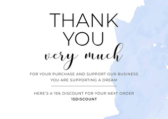 Wall Mural - Thank you for your order, printable vector illustration. Business thank you customer card, creative graphic design template. Soft watercolor background, calligraphy script text, business card.
