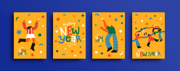 Wall Mural - Happy New Year party people cartoon card set