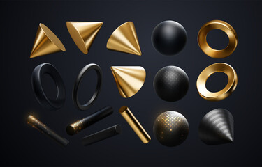 3d black and golden geometric shapes. Vector realistic illustration.