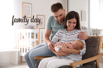 Sticker - Happy couple with their newborn baby at home. Happy Family Day