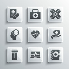 Sticker - Set Laptop with cardiogram, Medical clipboard, Heart cross, rate, Medicine bottle, Male head hospital, prescription and Crossed bandage plaster icon. Vector