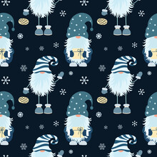Christmas Seamless Pattern With Scandinavian Gnome And Snowflakes.