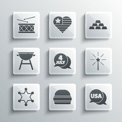 Canvas Print - Set Burger, USA label, Firework, Independence day, Hexagram sheriff, Barbecue grill, Drum and drum sticks and Gold bars icon. Vector