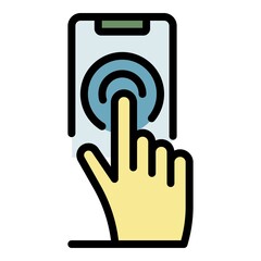 Sticker - Finger presses smartphone icon. Outline finger presses smartphone vector icon color flat isolated